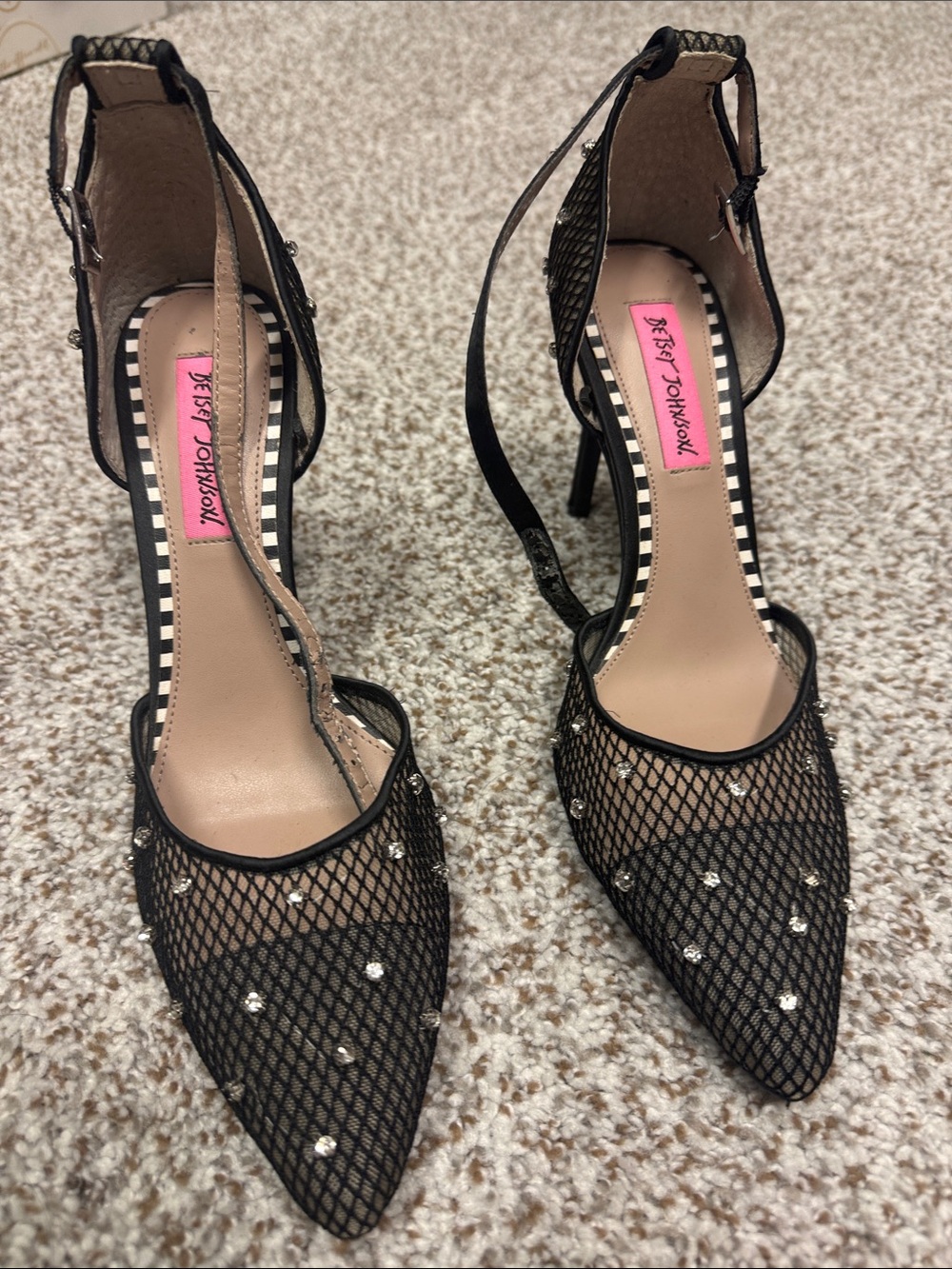 Betsey Johnson Black Mesh Crystal-Studded Pointed Toe Stilettos